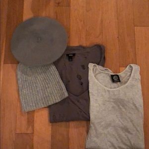Bundle of gray tees and beanies